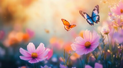 vibrant field of cosmos flowers and butterflies, enchanting summer meadow macro