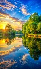 Golden Sunrise Over a Still Lake, Reflected in Water background, wallpaper, desktop, mobile
