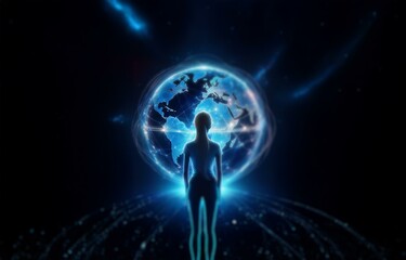 A woman stands before a glowing globe of the earth.