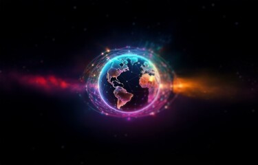 Obraz premium A glowing, digital representation of the Earth with a network of connected lines and dots.