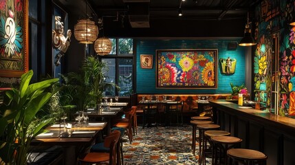A stylish Indian restaurant with contemporary furnishings and vibrant Indian art, creating an inviting and unique dining experience.