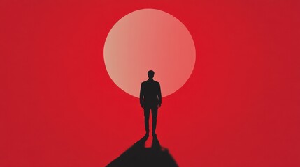 Obraz premium Silhouette of a Man Walking Towards a Large Red Circle