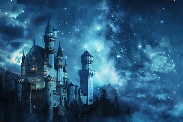 Fantasy castle under a starry night sky with glowing clouds and space for copy