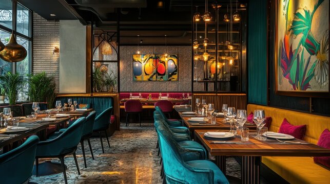 A stylish Indian restaurant with contemporary furnishings and vibrant Indian art, creating an inviting and unique dining experience.