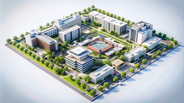 A 3D isometric model of a modern city with office buildings, parks, and trees.