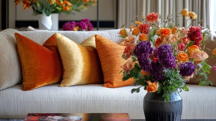 A stylish living room adorned with soft furnishings, colorful throw pillows, and fresh flowers in modern vases, radiating warmth and joy.