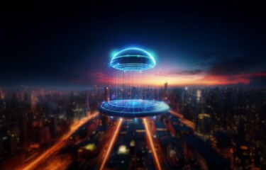 A futuristic, glowing blue dome floats above a city skyline.