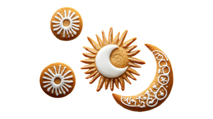 gingerbread in the form of planets and suns on a transparent background