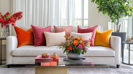 A stylish living room adorned with soft furnishings, colorful throw pillows, and fresh flowers in modern vases, radiating warmth and joy.