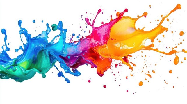 vibrant paint splash frozen in mid-air, explosive burst of color against white background, dynamic and energetic composition