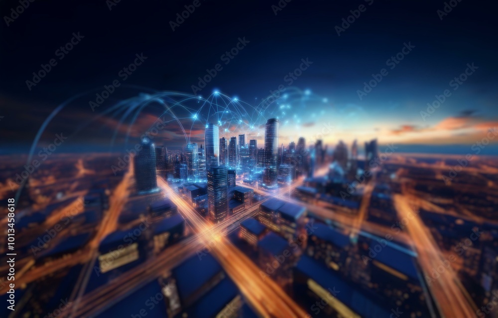 Poster a cityscape at dusk with a network of glowing lines connecting tall buildings.