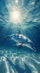Fototapeta premium A dolphin is swimming in the ocean with the sun shining on it
