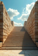 Fototapeta premium Brick wall and stairs going up to the blue sky, vintage architecture design