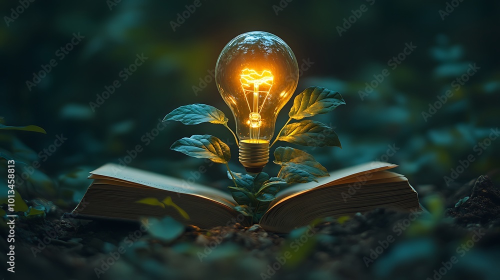 Aufkleber a glowing light bulb sprouts from an open book in a forest setting, symbolizing knowledge and enligh