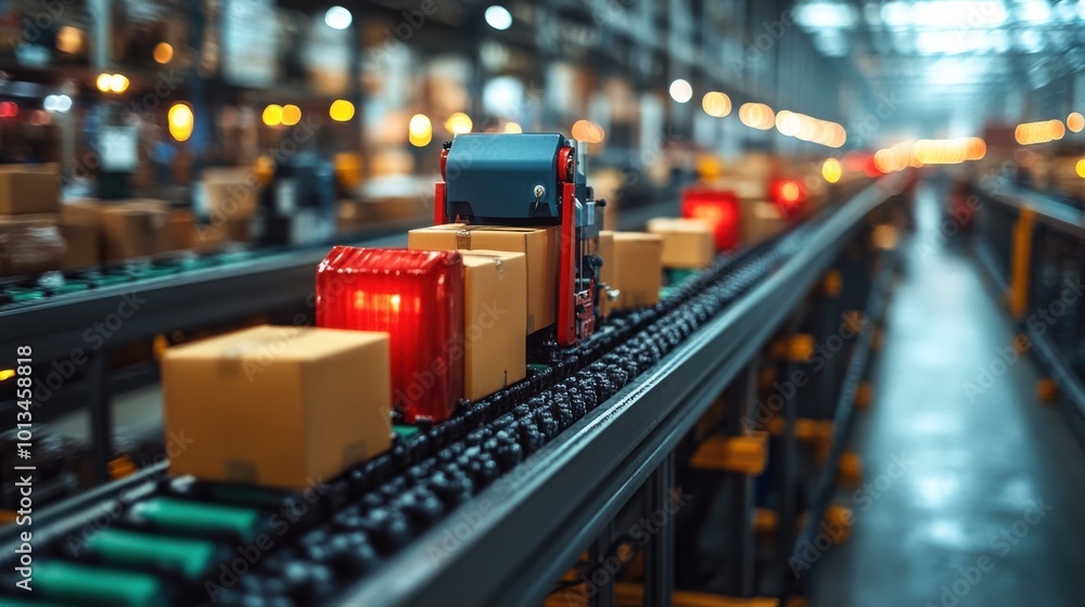 Poster streamlined automated conveyor belt with boxes in industrial setting