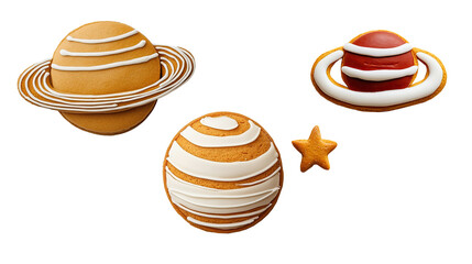 gingerbread in the form of planets and suns on a transparent background