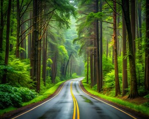 Obraz premium Winding Road through Lush Green Forest. Background, wallpaper, desktop, mobile 