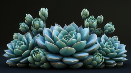 Fototapeta premium A tight cluster of blue Echeveria succulents with flower buds arranged in a crown pattern, displaying their symmetry and texture. Realistic, highly detailed