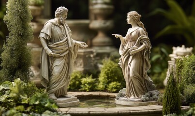 Fototapeta premium Two statues in a miniature garden.