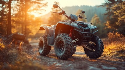 "ATV parked on a dirt road at sunset, representing adventure, off-road driving, and outdoor exploration. All-terrain vehicle, rugged terrain, evening sky, freedom in nature."