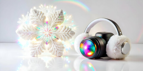 Fototapeta premium Holographic Snowflake and Glowing Earmuffs on White Background - Cozy Winter Theme with Space for Promotional Content