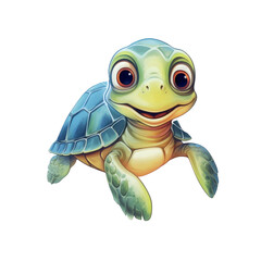 Fototapeta premium A smiling green turtle with large eyes is perfect for children's books, educational materials, and nature themed designs. Cute and engaging. Generative AI