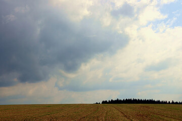 Regenwolken am Himmel im Herbst oberhalb eines abgeernteten Feldes und vor einem Wald bei Konz in...