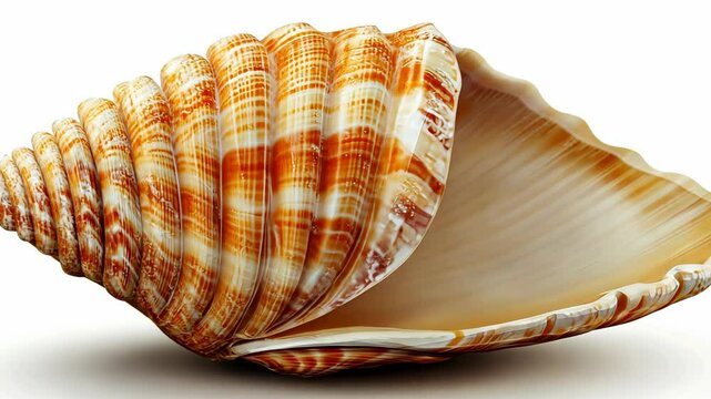 A large seashell with a white and orange pattern sits on a white background
