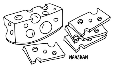 set of doodle sliced maasdam cheese in various shapes and groups. Vector illustration. Porous masdam in contour style. It is ideal for posters and banners, cafe menus and shops. different slicing