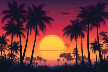 tropical beach on sunset with palm trees and birds