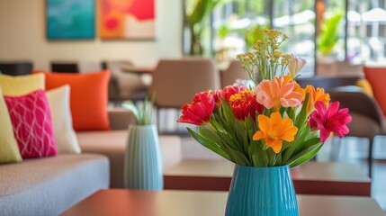 A vibrant living room with cozy sofas, colorful throw pillows, and cheerful flowers in sleek vases, showcasing modern home decor and inviting atmosphere.