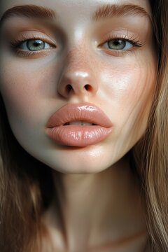 portrait of a young woman with unnatural big lips from fillers, cosmetic procedure gone wrong