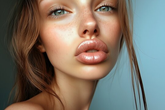 portrait of a young woman with unnatural big lips from fillers, cosmetic procedure gone wrong