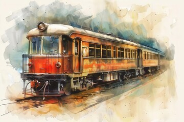 Obraz premium vintage train travel hand-drawn watercolor sketch, old-fashioned passenger transportation, nostalgic postcard illustration