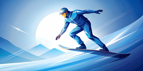 Obraz premium Flat Abstract Glowing Snowboarder Descending Icy Slope - Futuristic Digital Elements for Winter Sports Promotion