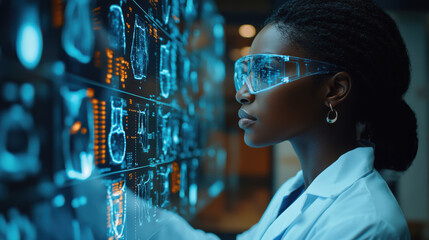 Young scientist wearing futuristic glasses analyzing data in a high-tech research lab. Focus on artificial intelligence, modern technology, innovation, and advanced computing development.