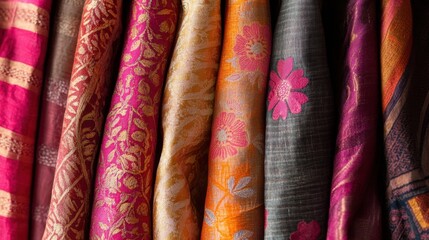 A vibrant showcase of beautiful Indian fabrics, featuring exquisite patterns and luxurious textures, capturing the essence of textile artistry
