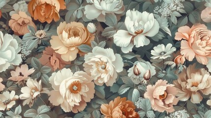 vintage-inspired floral wallpaper design featuring a lush bouquet of botanically accurate flowers in soft, muted colors