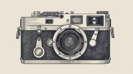 vintage-style engraving of a sleek, modern camera. intricate linework captures every detail, blending retro charm with contemporary technology.