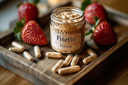 Container of Fisetin capsules surrounded by fresh strawberries on a wooden tray in a cozy setting