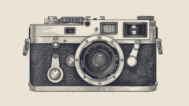 vintage-style engraving of a sleek, modern camera. intricate linework captures every detail, blending retro charm with contemporary technology.