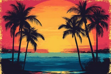 tropical beach on sunset with palm trees and birds