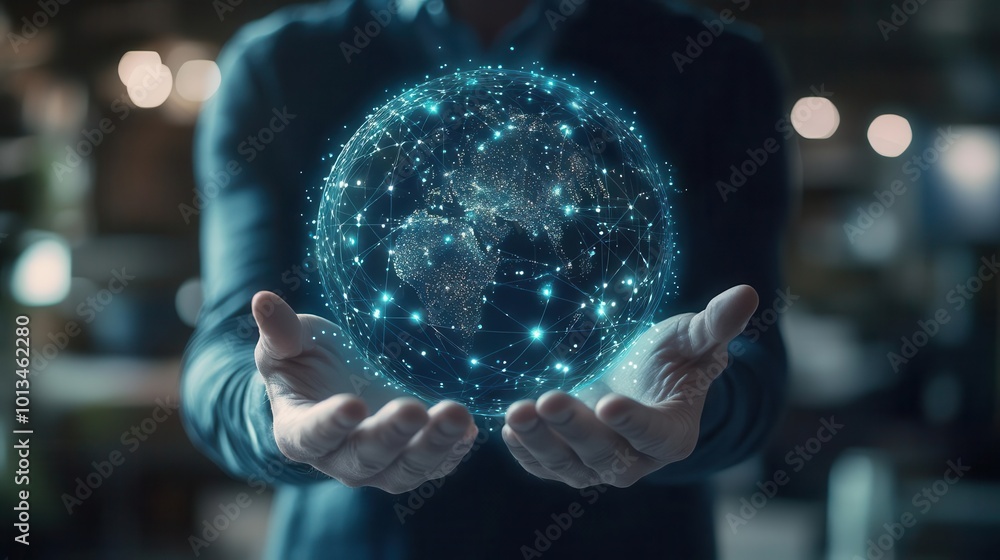 Poster visionary businessman holding a holographic globe with interconnected digital networks. futuristic v