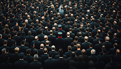 Obraz premium Photograph an individual dressed distinctly among a large crowd wearing uniform or similar attire, creating a contrast between them and the crowd