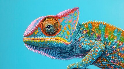 Obraz premium vivid chameleon on electric blue background, iridescent scales, expressive eyes. hyper-realistic details, bold color contrast, exotic pet portrait.