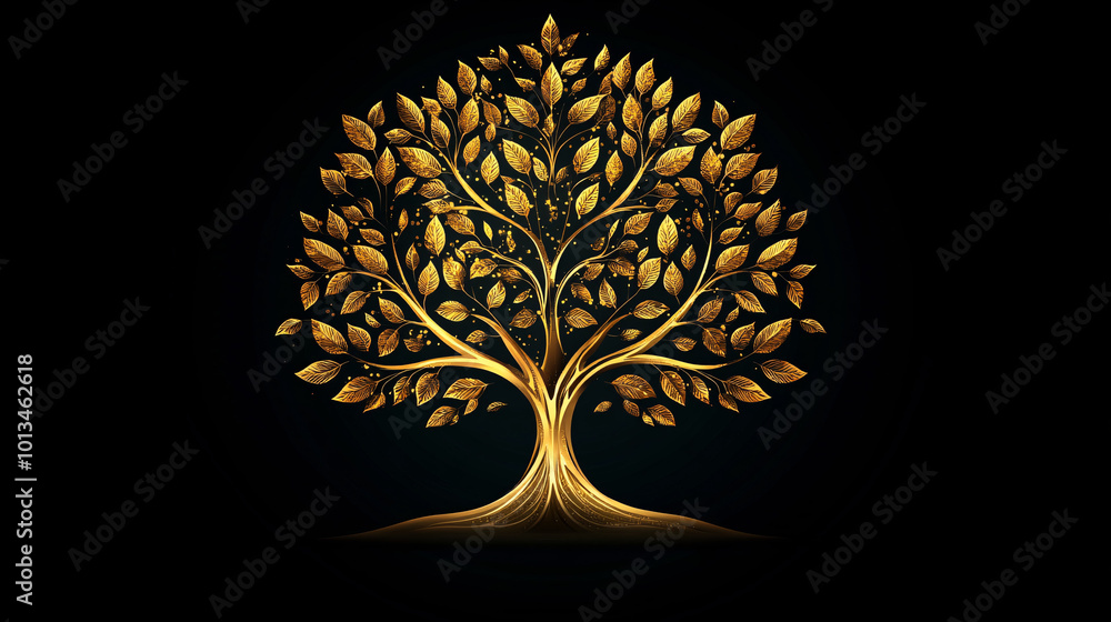 Wall mural gold decorative tree illustration with intricate leaves on a black background exuding luxury and sop