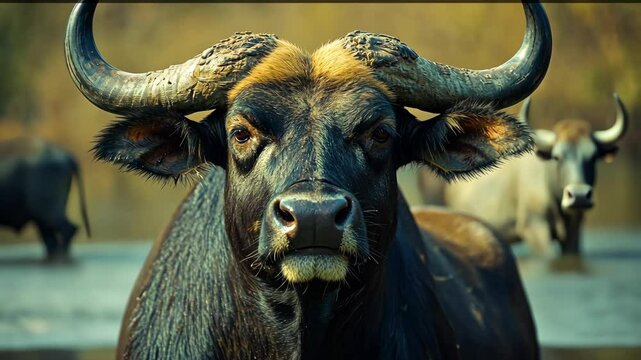 A large black water buffalo stands in a river bed, staring intensely at the camera