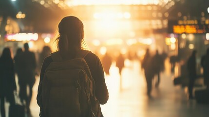 wanderlust personified backpack-clad woman gazes expectantly at bustling transportation hub. her silhouette embodies adventure, anticipation, and the allure of travel.