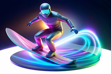 Creative Flat Vector Illustration of a Glowing Figure Building a Snowman in a Vibrant Abstract Winter Cityscape with Neon Lights and Radiant Snowflakes