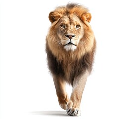Obraz premium Majestic lion walking forward, white isolated background.